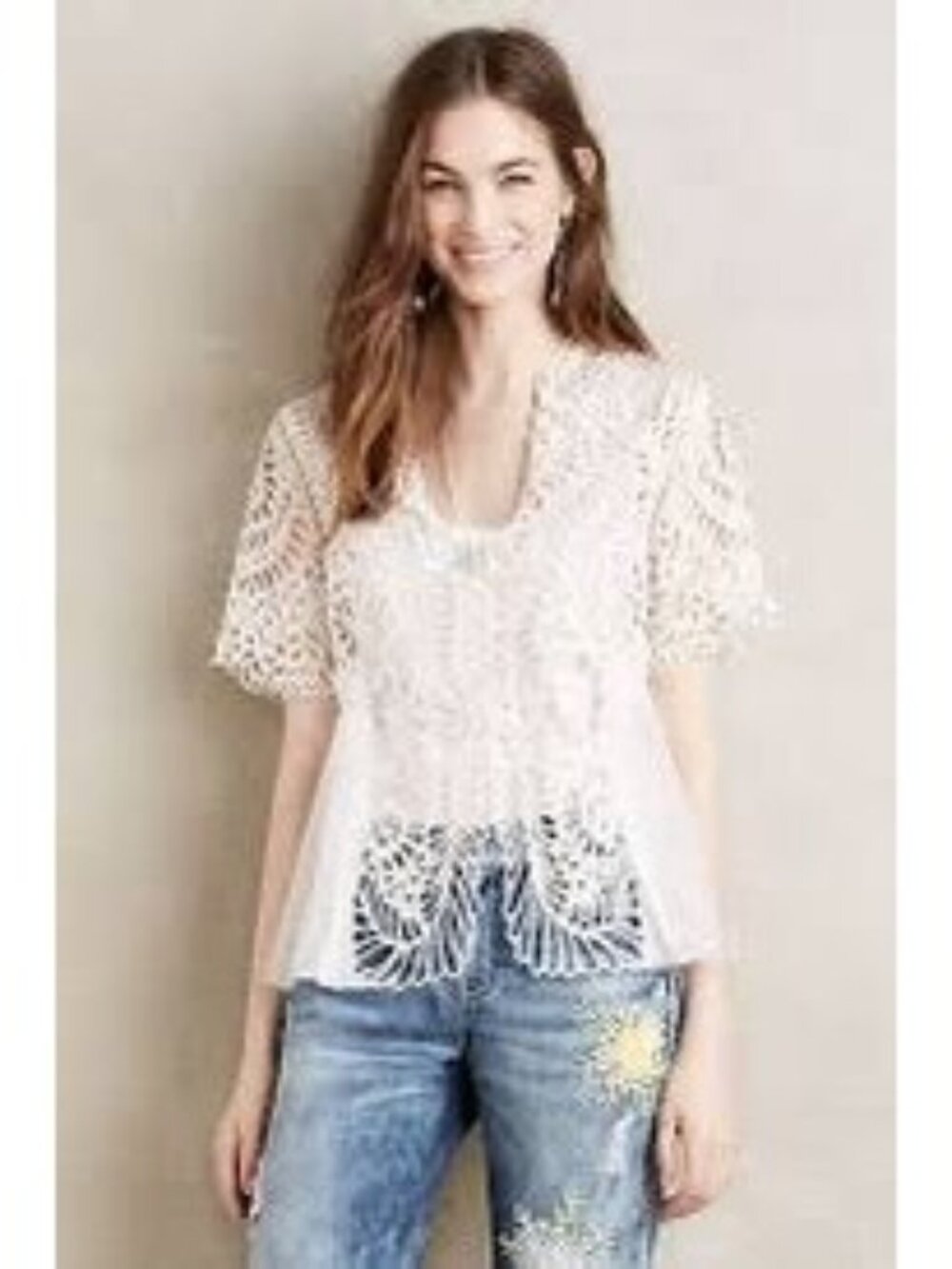 Pankaj & Nidhi Anthropologie Laced Swing Topper Jacket Size M Cream Embroidered